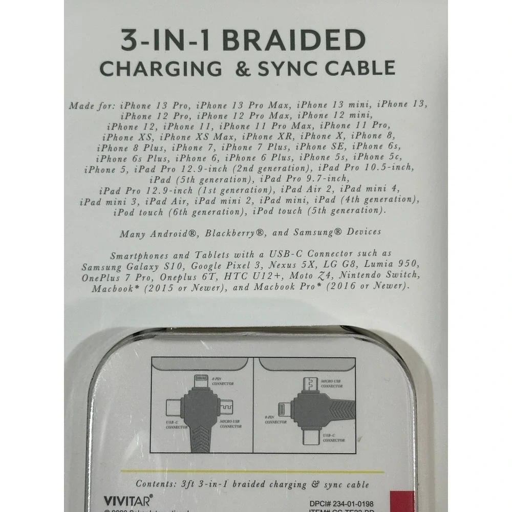 (2) Vivitar 3-in-1 Braided Phone Charging & Sync Cable‎ NEW